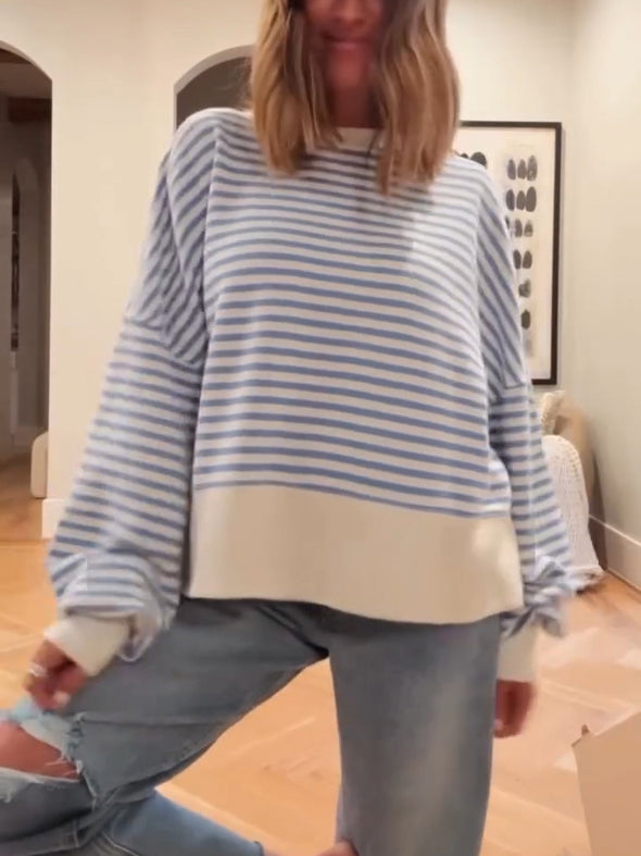 Women Round Neck Striped Spliced Casual Top