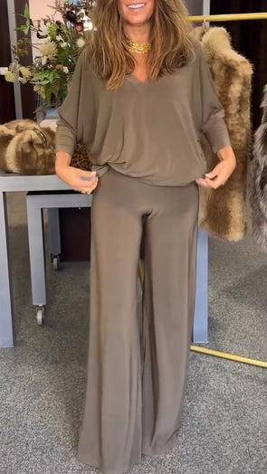 Womens V-neck Solid Color Loose Casual Suit