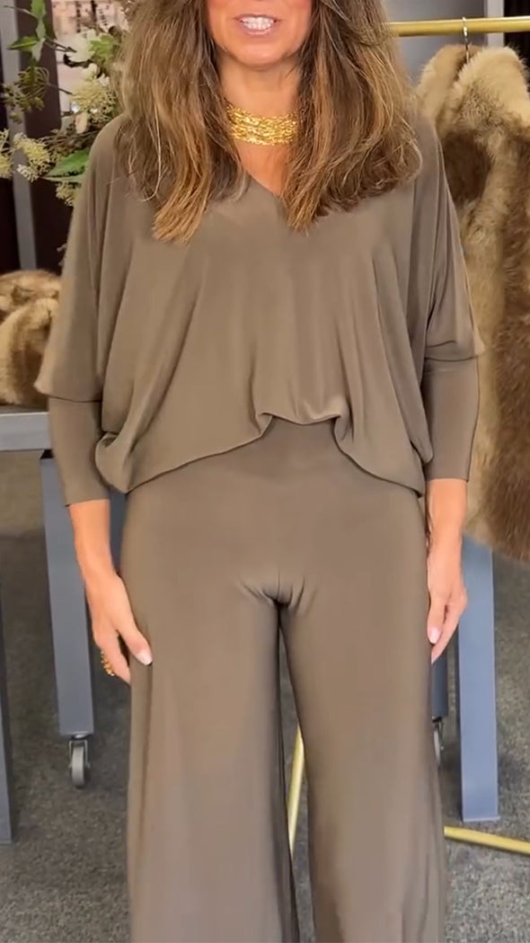 Womens V-neck Solid Color Loose Casual Suit