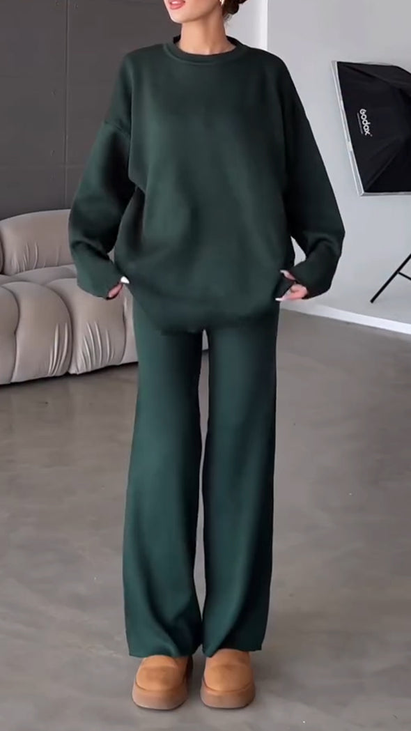 Womens Round Neck Solid Color Casual Suit