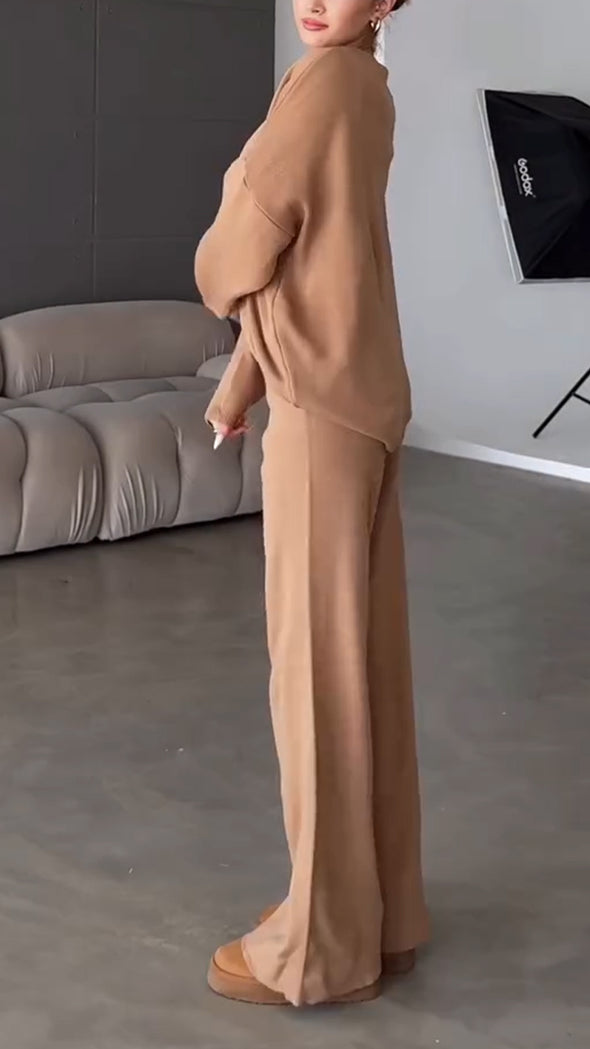 Womens Round Neck Solid Color Casual Suit