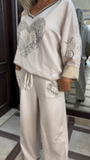 Women V-neck Heart-printed Hollow Casual Suit