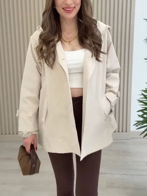 Women Lapel Hooded Patchwork Printed Casual Jacket