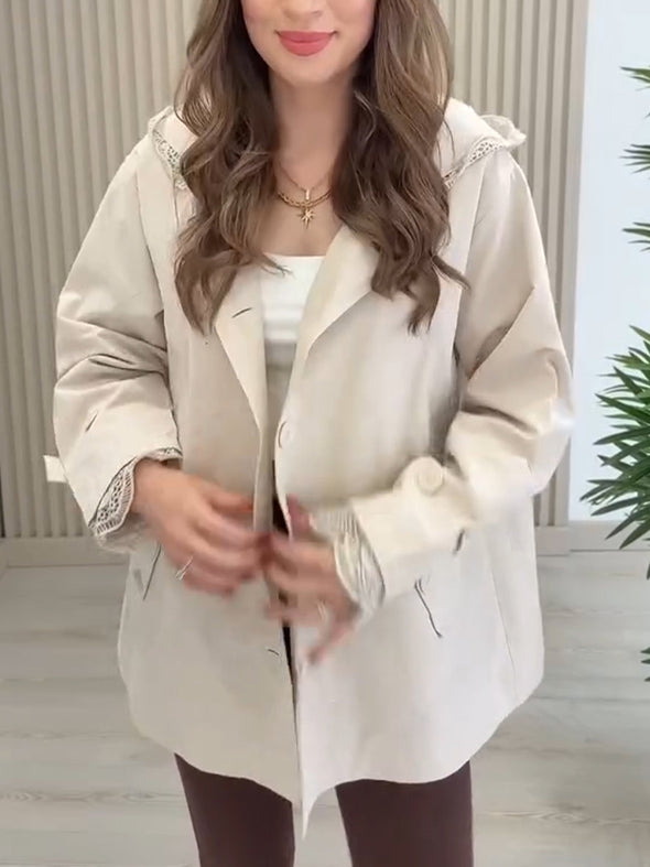Women Lapel Hooded Patchwork Printed Casual Jacket