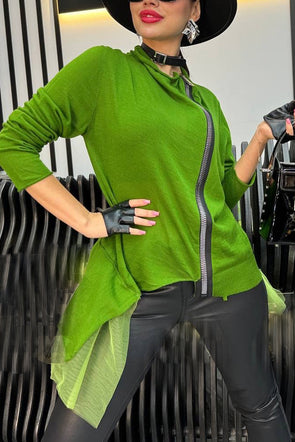 Women Round Neck Zipper Irregular Casual Top