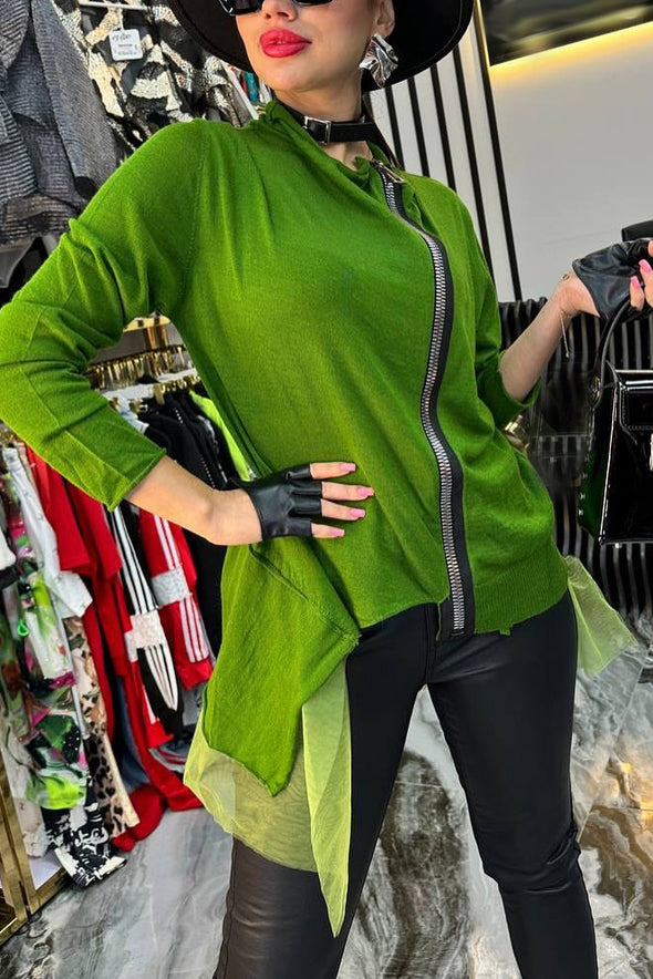 Women Round Neck Zipper Irregular Casual Top