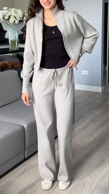 Women Lapel Zipper Jacket + Pants Knitted Casual Suit