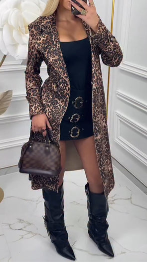 Womens Lapel Leopard Print Casual Coat
