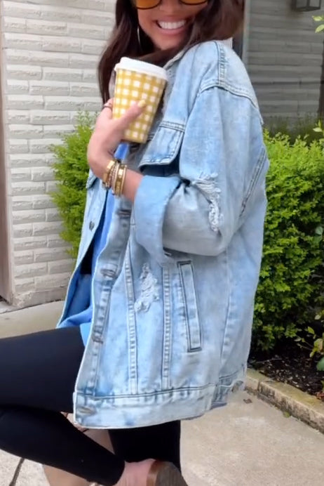 Women Lapel Stitching Washed Casual Denim Jacket