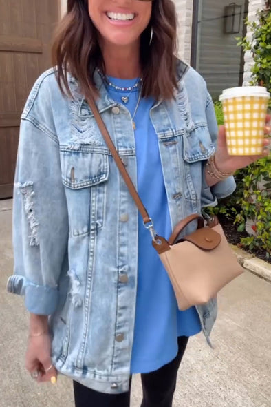 Women Lapel Stitching Washed Casual Denim Jacket