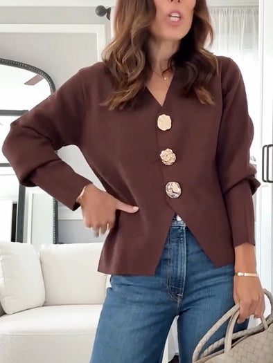 Womens V-neck Buttoned Casual Cardigan