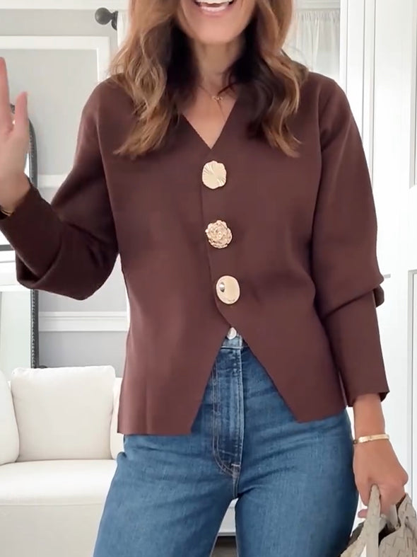 Womens V-neck Buttoned Casual Cardigan