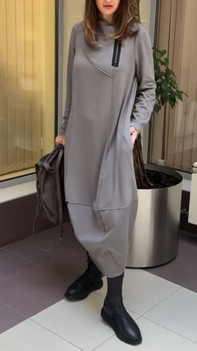 Women Round Neck Splicing Half Zip Casual Dress
