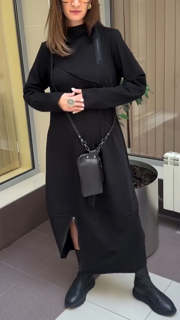 Women Round Neck Splicing Half Zip Casual Dress