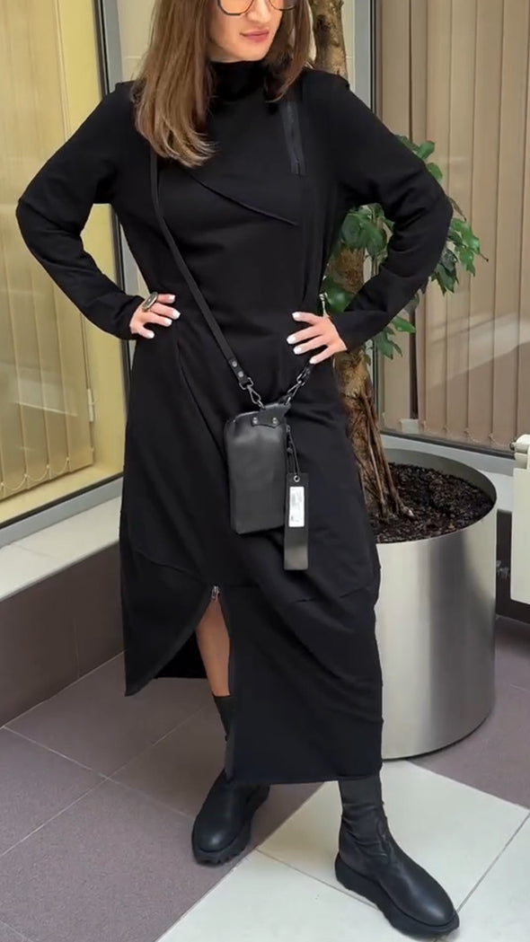 Women Round Neck Splicing Half Zip Casual Dress