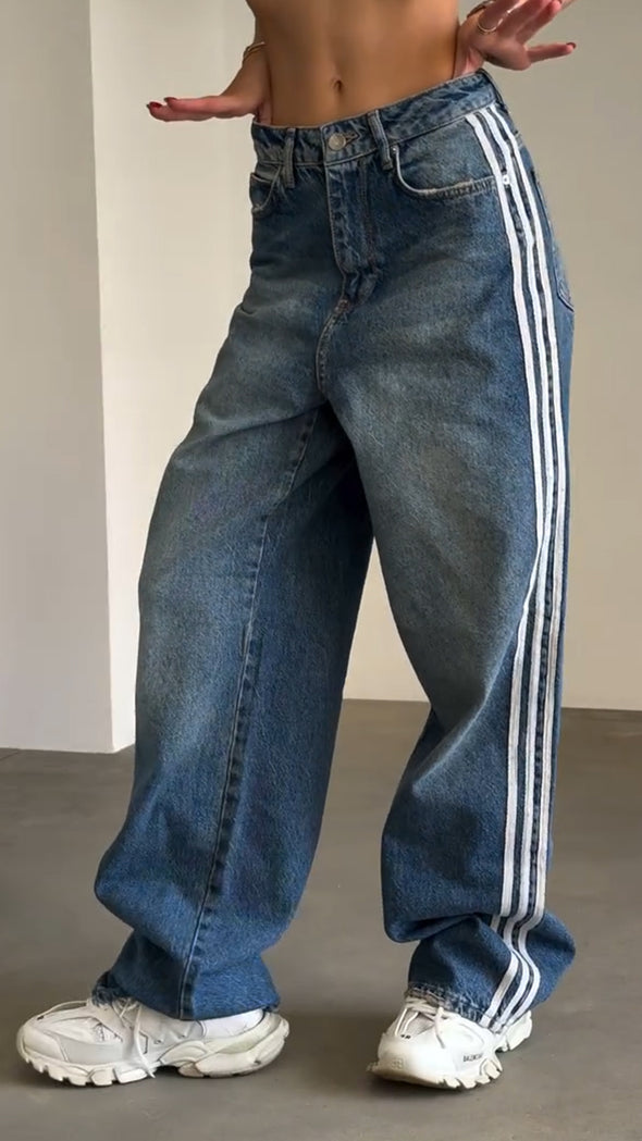 Women Washed Side Vertical Stripe Casual Jeans