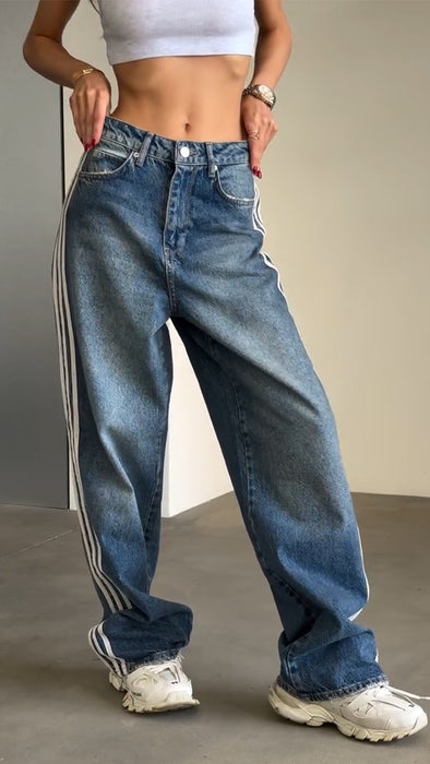 Women Washed Side Vertical Stripe Casual Jeans