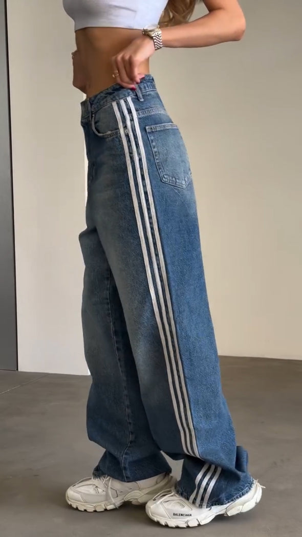 Women Washed Side Vertical Stripe Casual Jeans