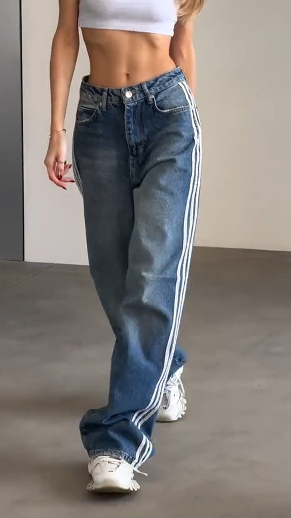 Women Washed Side Vertical Stripe Casual Jeans