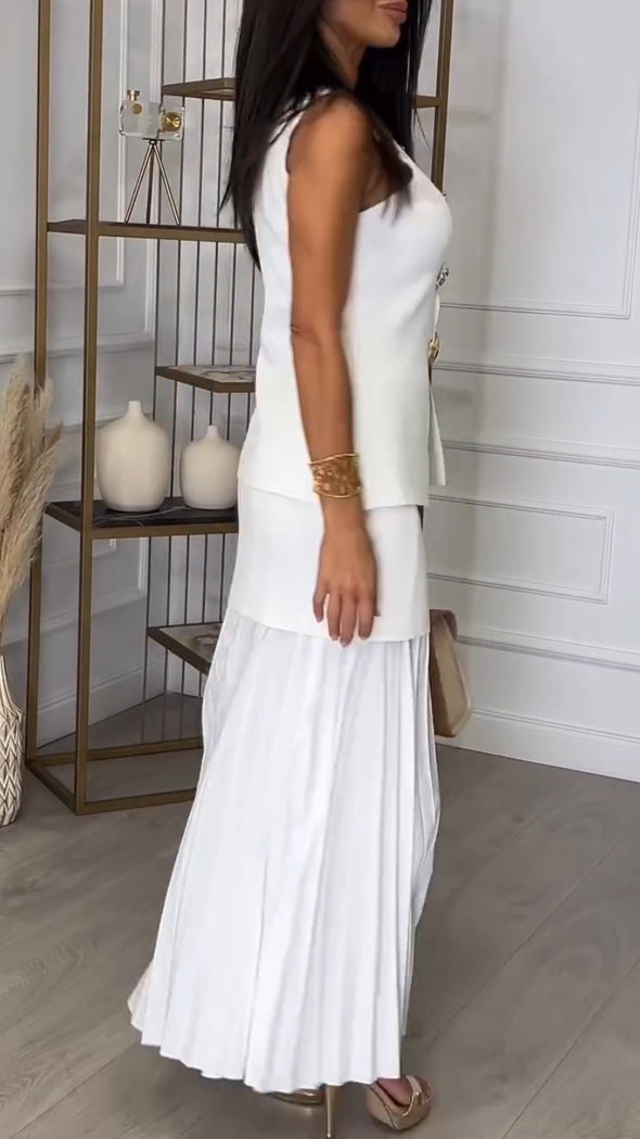 Womens Round-neck Button-down Top + Spliced pleated Skirt Casual Suit