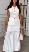 Womens Round-neck Button-down Top + Spliced pleated Skirt Casual Suit