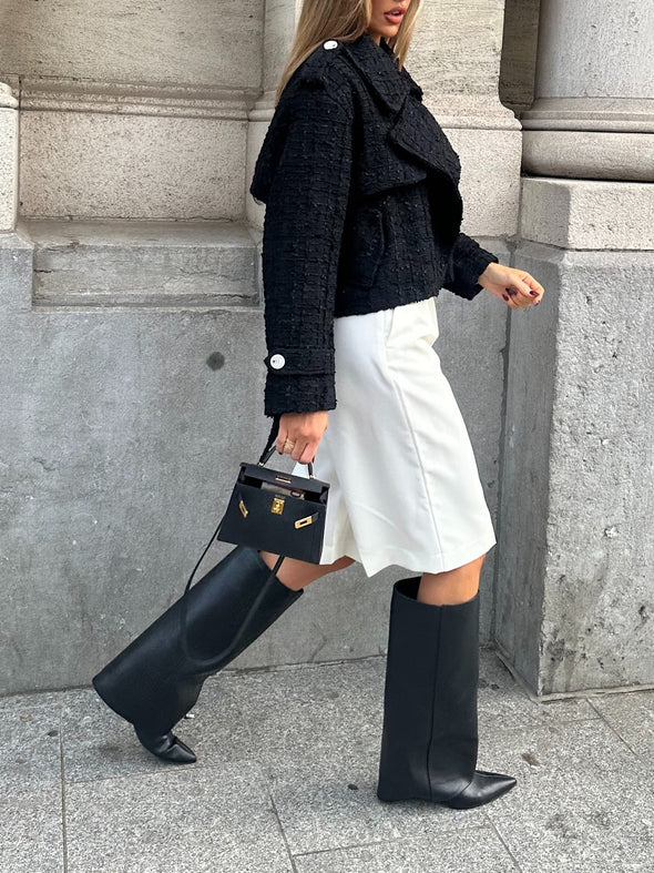 Classic Oversized Lapel Belted Tweed Short Jacket