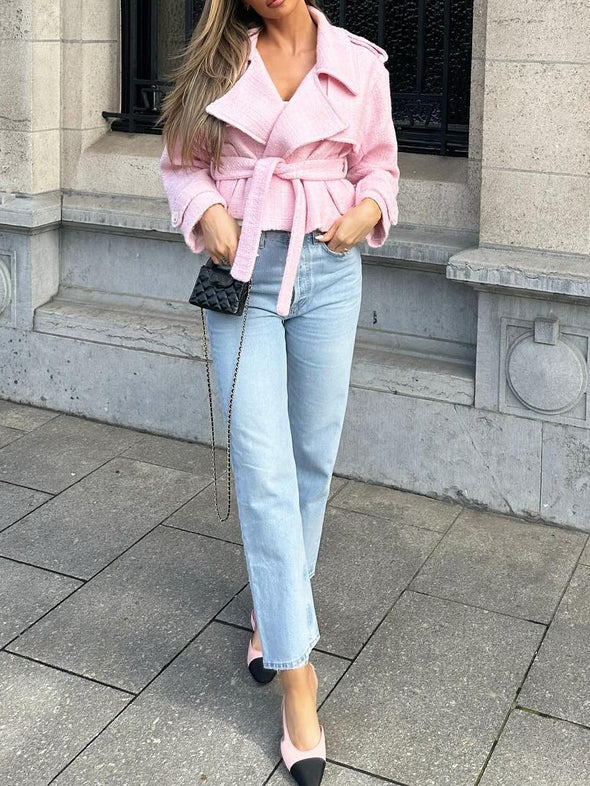 Classic Oversized Lapel Belted Tweed Short Jacket