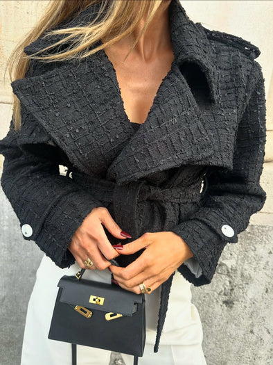 Classic Oversized Lapel Belted Tweed Short Jacket