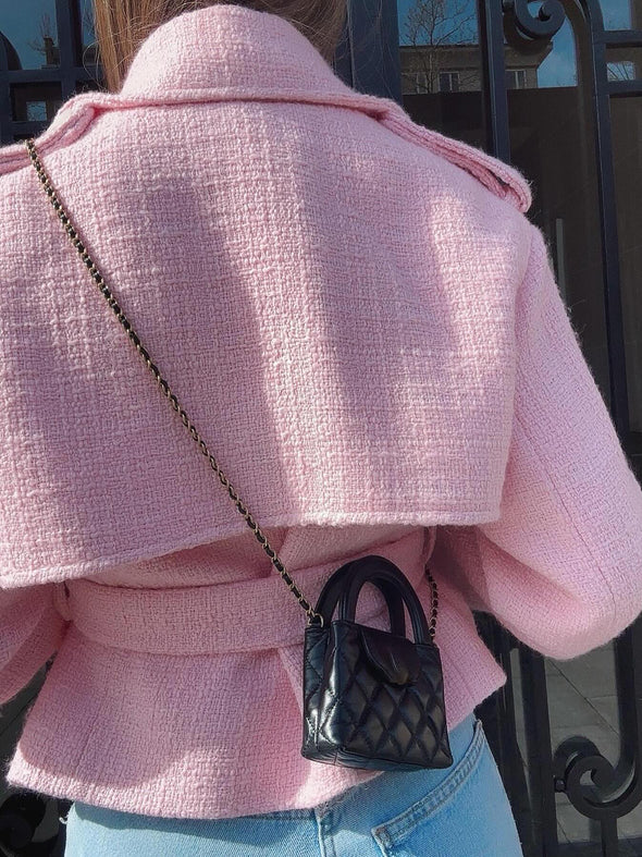 Classic Oversized Lapel Belted Tweed Short Jacket