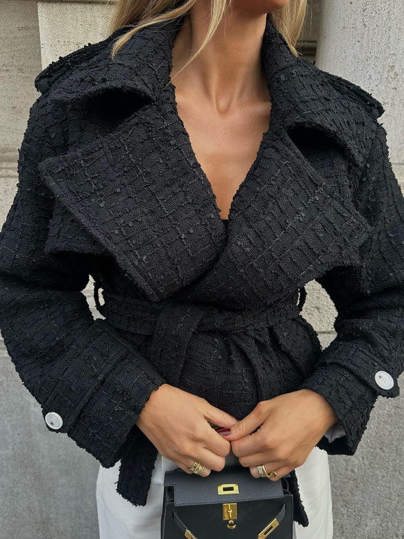 Classic Oversized Lapel Belted Tweed Short Jacket