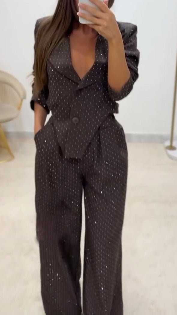Women Lapel Irregular Hot Diamond Top + Pants Temperament Commuter Suit