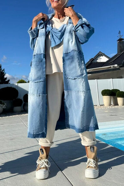 Women Lapel Splicing Washed Casual Long Cardigan