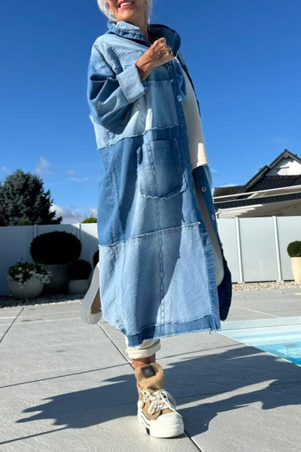 Women Lapel Splicing Washed Casual Long Cardigan