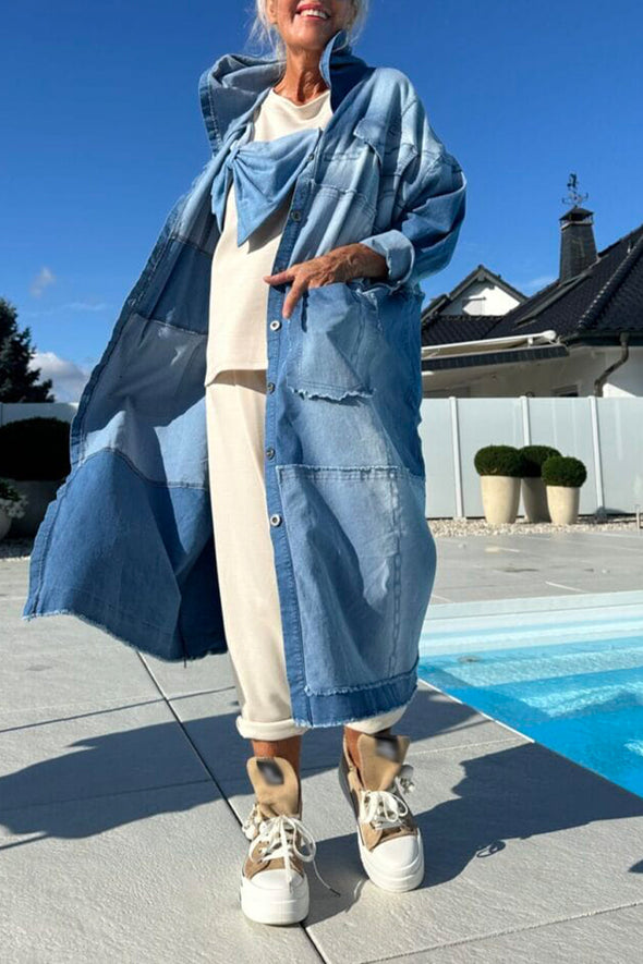 Women Lapel Splicing Washed Casual Long Cardigan