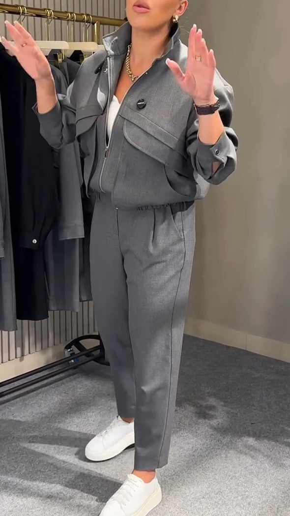 Women Collar Jacket+pants Solid Color Temperament Commuting Set