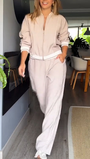 Women Round Neck Jacket + Pants Casual Suit