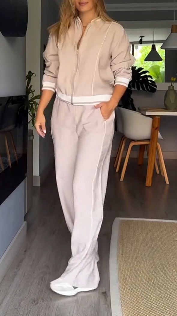 Women Round Neck Jacket + Pants Casual Suit