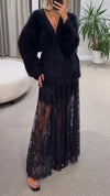 Women Plush Cardigan + Printed Skirt Casual Set