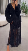 Women Plush Cardigan + Printed Skirt Casual Set