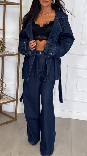 Women Lapel Jacket + Pants Casual Denim Suit
