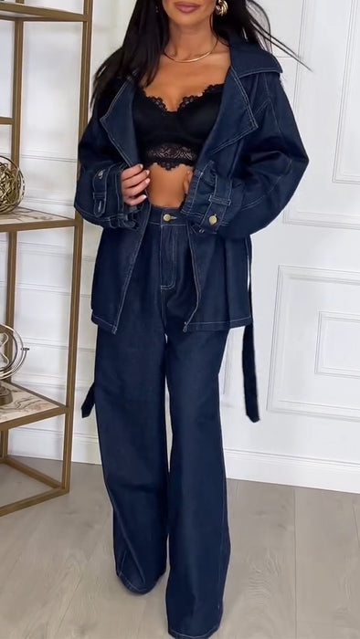 Women Lapel Jacket + Pants Casual Denim Suit