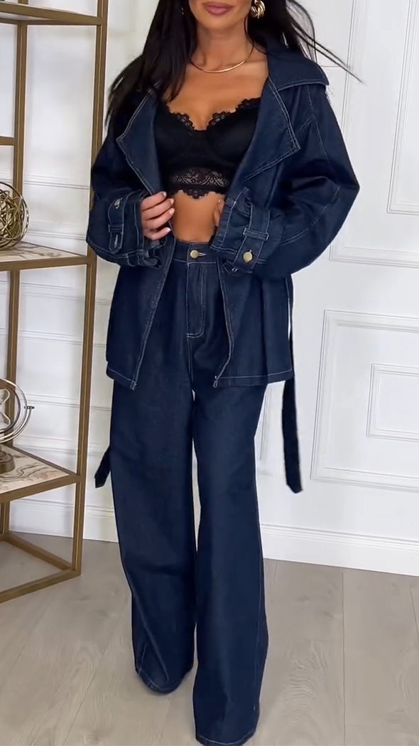 Women Lapel Jacket + Pants Casual Denim Suit