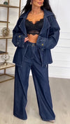 Women Lapel Jacket + Pants Casual Denim Suit
