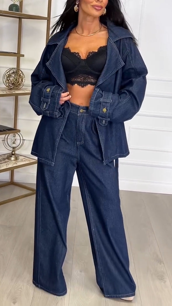Women Lapel Jacket + Pants Casual Denim Suit