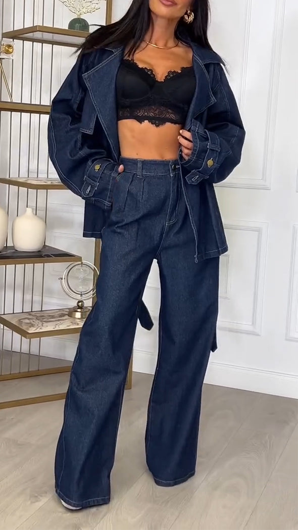 Women Lapel Jacket + Pants Casual Denim Suit