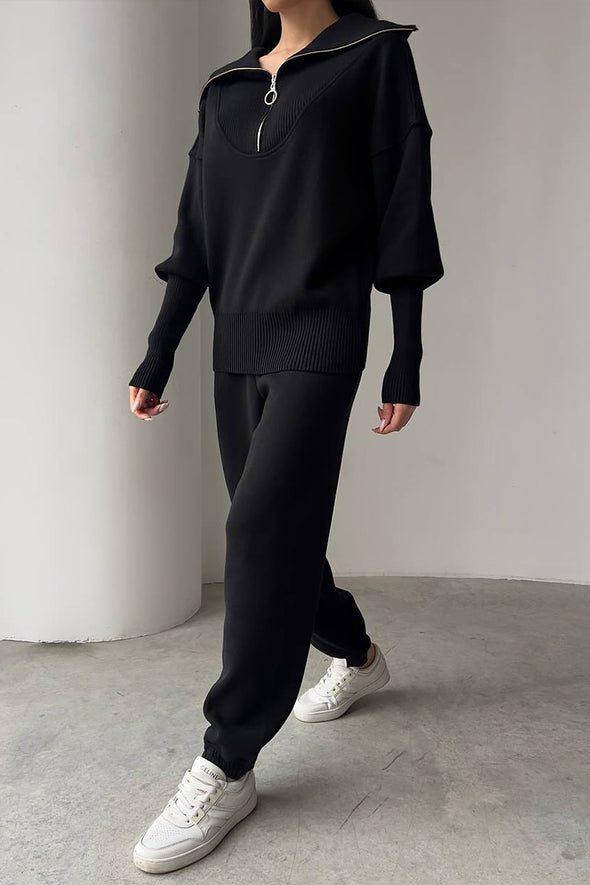 Women Lapel Half-zip Top + Pants Knitted Casual Suit