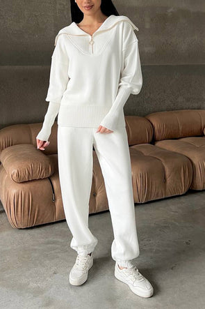 Women Lapel Half-zip Top + Pants Knitted Casual Suit