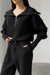 Women Lapel Half-zip Top + Pants Knitted Casual Suit