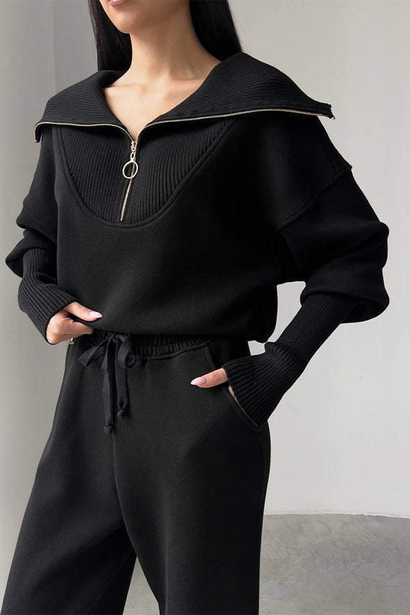Women Lapel Half-zip Top + Pants Knitted Casual Suit