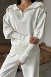 Women Lapel Half-zip Top + Pants Knitted Casual Suit